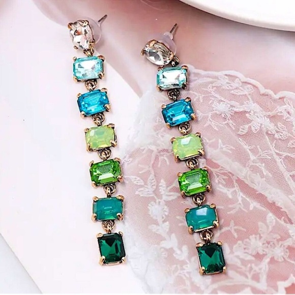Antique Gold Emerald Cut Crystal Opal Sapphire Aquamarine Tassel Drop Earrings - Picture 12 of 13